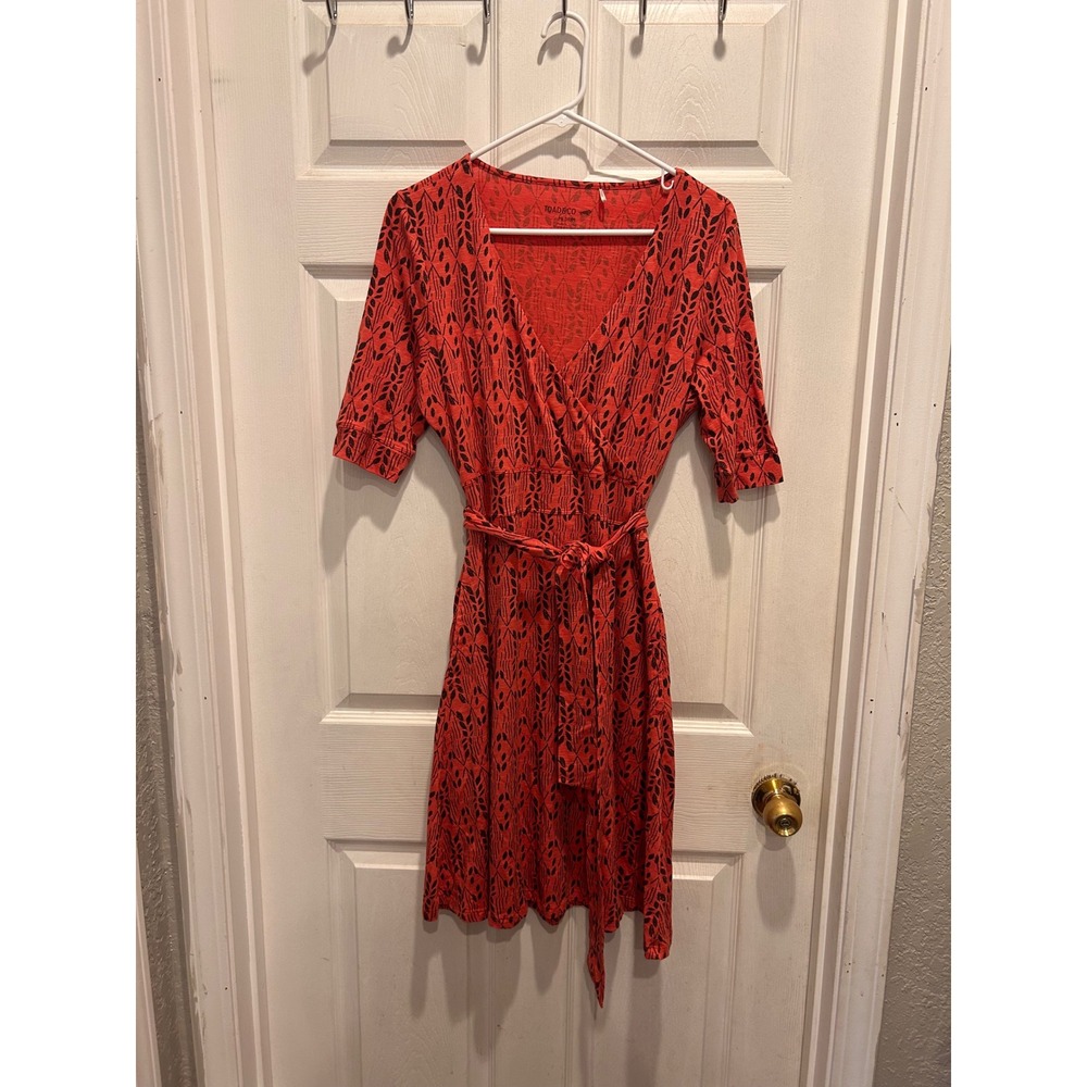 Toad&Co Red Botanical Print Wrap Dress Short Sleeve Organic Cotton Blend Medium